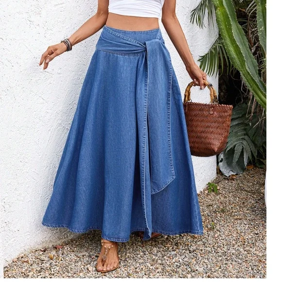 Medium Wash High Waisted Tie Belt Denim Jean Maxi Skirt - Picture 4 of 4